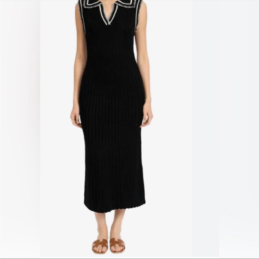EN SAISON black Ribbed knit Sweater Midi Dress collar M NWT